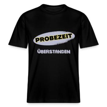 Probezeit Überstanden Unbefristet Festanstellung -  RELAXED FIT Unisex Organic T-Shirt - Schwarz - Vorne - Alina (178cm) & Michal (187cm)