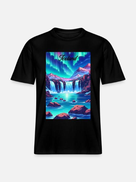 Islande Aurora Affiche Rétro Souvenir Vintage -  T-shirt unisexe RELAXED FIT en coton bio - noir
