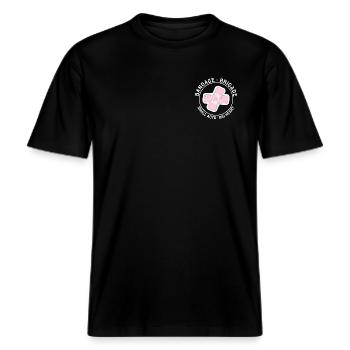 Bandade-Brigade Kleine Taten. Großes Herz. Druck auf der Brust -  RELAXED FIT Unisex Organic T-Shirt - Schwarz - Vorne - Alina (178cm) & Michal (187cm)