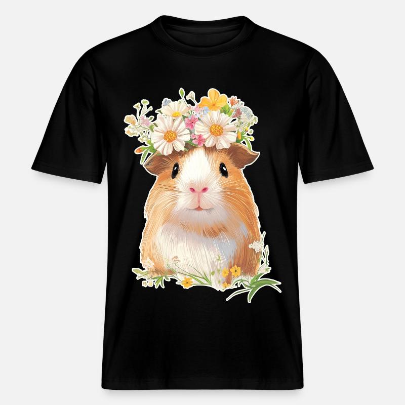 Cochon d’Inde avec des fleurs -  T-shirt unisexe RELAXED FIT en coton bio - noir