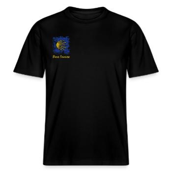 Buen Camino Camino de Santiago - Bedevaart - Santiago -  Uniseks RELAXED FIT bio-T-shirt - zwart - Voor - Alina (178cm) & Michal (187cm)
