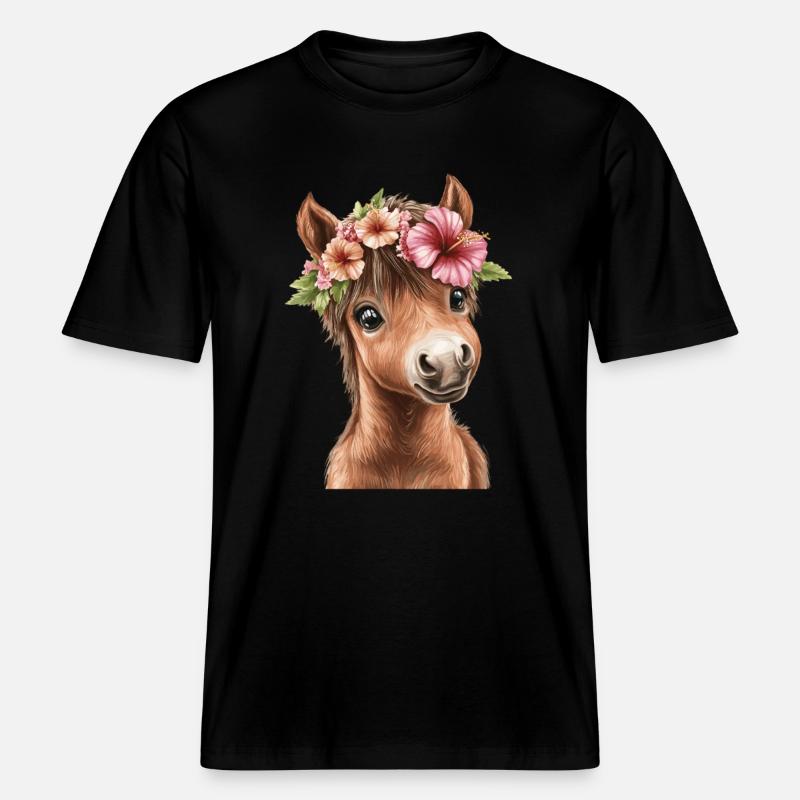 Flower pony with wreath -  RELAXED FIT Unisex Organic T-Shirt - black