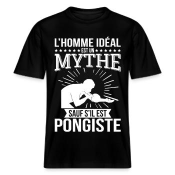 L’homme idéal un mythe sauf s’il est pongiste -  T-shirt unisexe RELAXED FIT en coton bio - noir - Devant - Alina (178cm) & Michal (187cm)