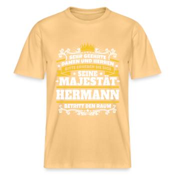 Seine Majestät Hermann -  RELAXED FIT Unisex Organic T-Shirt - Hellgelb - Vorne - Alina (178cm) & Michal (187cm)