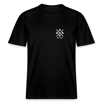 Level Up Zum Papa 2025 Papa Est 2025 Papa 2025 -  RELAXED FIT Unisex Organic T-Shirt - Schwarz - Vorne - Alina (178cm) & Michal (187cm)