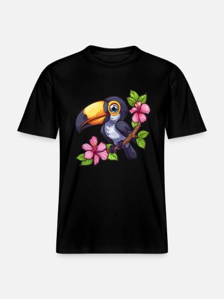 Toucan with hibiscus flowers - RELAXED FIT Unisex Organic T-Shirt - black