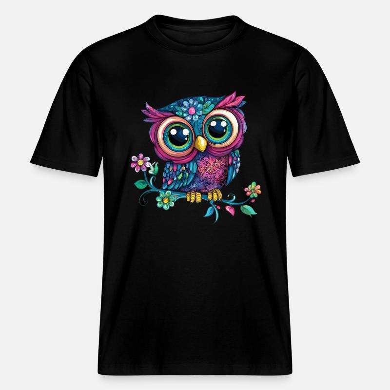 Bunte Eule auf Ast -  RELAXED FIT Unisex Organic T-Shirt - Schwarz