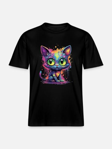 Bunte Neon Katze -  RELAXED FIT Unisex Organic T-Shirt - Schwarz