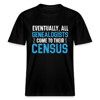 À un moment donné, tous les généalogistes viennent au recensement de leur peuple -  T-shirt unisexe RELAXED FIT en coton bio - noir - Devant - Alina (178cm) & Michal (187cm)