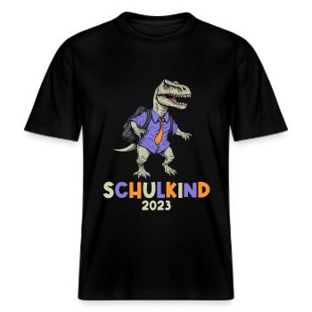 Einschulung T-Rex Dino Schulanfang Schulkind 2023 -  RELAXED FIT Unisex Organic T-Shirt - Schwarz - Vorne - Alina (178cm) & Michal (187cm)