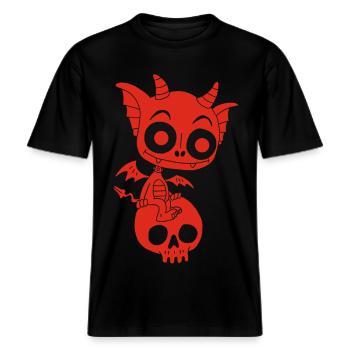 Petit démon rouge se repose -  T-shirt unisexe RELAXED FIT en coton bio - noir - Devant - Alina (178cm) & Michal (187cm)