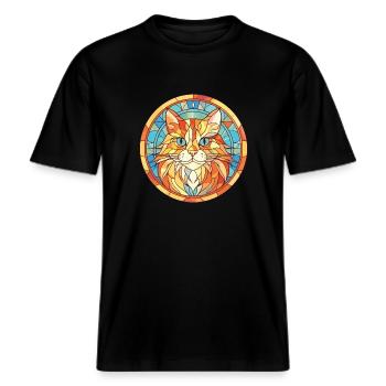 Ginger Longhair Cat Colorful Watercolor Cartoon -  RELAXED FIT Unisex Organic T-Shirt - black - Front - Alina (178cm) & Michal (187cm)