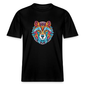 Wolf buntes Aquarell Tier Haustier Illustration -  RELAXED FIT Unisex Organic T-Shirt - Schwarz - Vorne - Alina (178cm) & Michal (187cm)