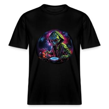 Alien DJ, Space DJ, Cosmic Beats, AlienCartoon, -  T-shirt unisexe RELAXED FIT en coton bio - noir - Devant - Alina (178cm) & Michal (187cm)