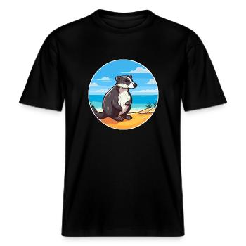 Badger Watercolor Cartoon Kawaii Clipart Animal -  RELAXED FIT Unisex Organic T-Shirt - black - Front - Alina (178cm) & Michal (187cm)