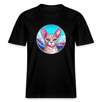 Devon Rex Katze Bunte Karikatur Aquarell Illustra -  RELAXED FIT Unisex Organic T-Shirt - Schwarz - Vorne - Alina (178cm) & Michal (187cm)
