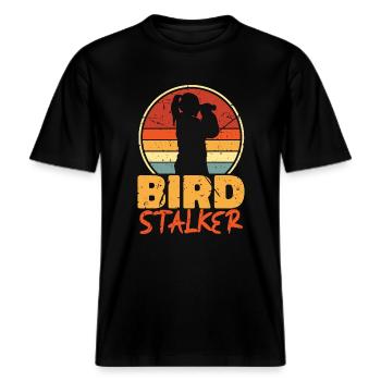 Birdwatching Bird Stalker Retro Zoologist Birding -  RELAXED FIT Unisex Organic T-Shirt - black - Front - Alina (178cm) & Michal (187cm)
