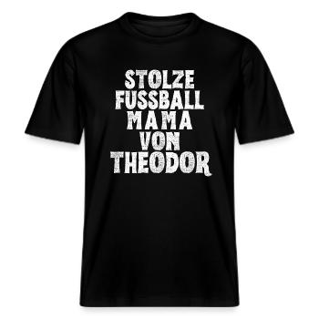 Stolze Fussball Mama von Theodor -  RELAXED FIT Unisex Organic T-Shirt - Schwarz - Vorne - Alina (178cm) & Michal (187cm)