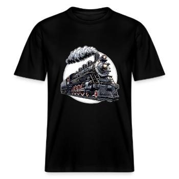 Dampflok Grafik -  RELAXED FIT Unisex Organic T-Shirt - Schwarz - Vorne - Alina (178cm) & Michal (187cm)