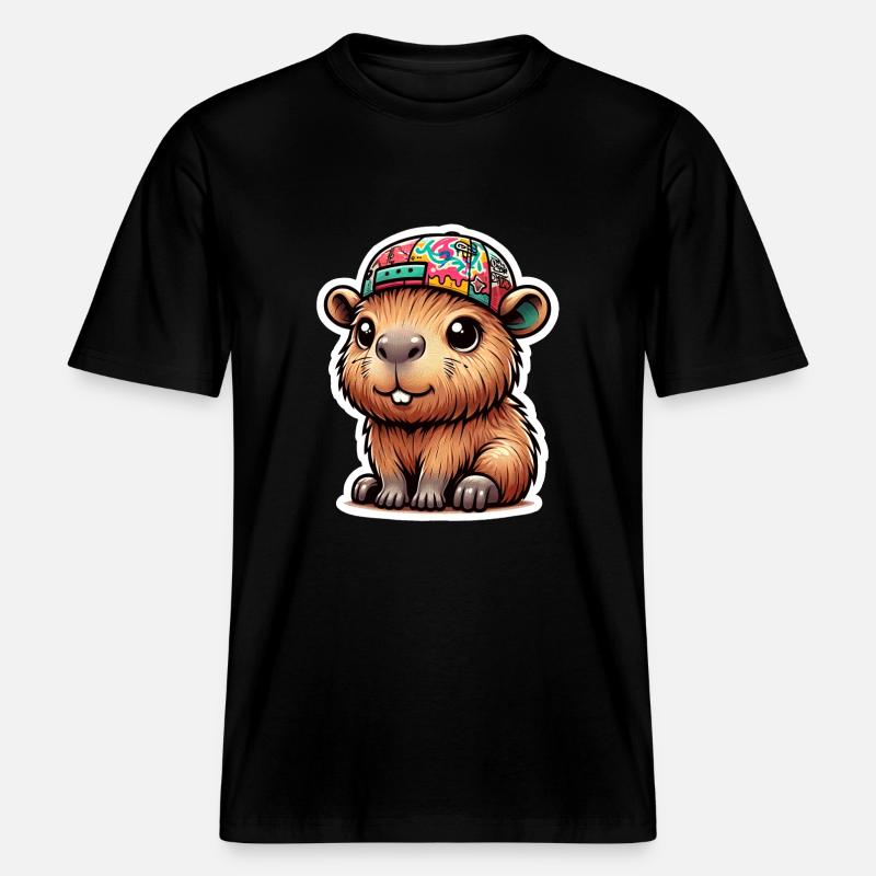 Capybara Mit Cap -  RELAXED FIT Unisex Organic T-Shirt - Schwarz