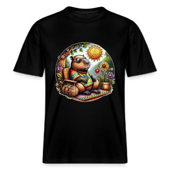 Capybara Hippie Peace -  RELAXED FIT Unisex Organic T-Shirt - Schwarz - Vorne - Alina (178cm) & Michal (187cm)