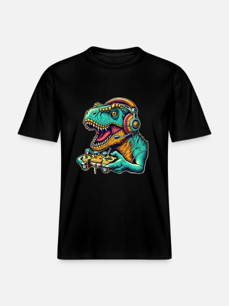 T Rex Dinosaur Gaming -  RELAXED FIT Unisex Organic T-Shirt - black