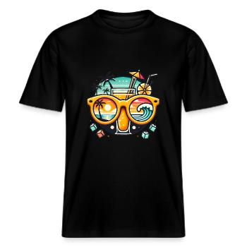 Tropischer Sonnenuntergang Sonnenbrille Cocktails -  RELAXED FIT Unisex Organic T-Shirt - Schwarz - Vorne - Alina (178cm) & Michal (187cm)