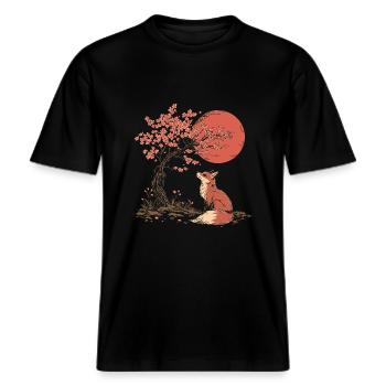 Renard, Sakura, Arbre, Église, Fleur, Japon -  T-shirt unisexe RELAXED FIT en coton bio - noir - Devant - Alina (178cm) & Michal (187cm)