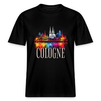 Köln Skyline Kölner Dom Deutschland Stadt Bunt -  RELAXED FIT Unisex Organic T-Shirt - Schwarz - Vorne - Alina (178cm) & Michal (187cm)