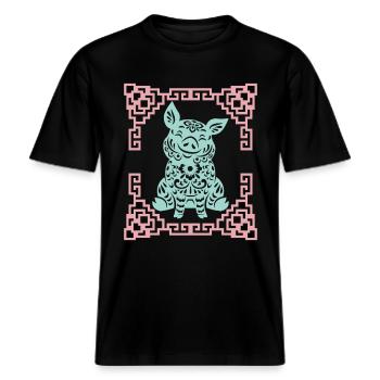 Année du Cochon, horoscope chinois Chine -  T-shirt unisexe RELAXED FIT en coton bio - noir - Devant - Alina (178cm) & Michal (187cm)