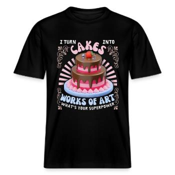 Kuchen backen, Torte, Bäcker, lustiger Spruch -  RELAXED FIT Unisex Organic T-Shirt - Schwarz - Vorne - Alina (178cm) & Michal (187cm)