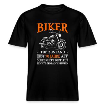 Motorradfahrer & Biker 70. Geburtstag -  RELAXED FIT Unisex Organic T-Shirt - Schwarz - Vorne - Alina (178cm) & Michal (187cm)