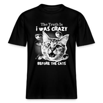 Verrückte Katze, Collage, lustiger Katzen Spruch -  RELAXED FIT Unisex Organic T-Shirt - Schwarz - Vorne - Alina (178cm) & Michal (187cm)