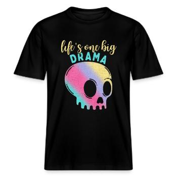 Lustiger Spruch Regenbogen Totenkopf im Comic Stil -  RELAXED FIT Unisex Organic T-Shirt - Schwarz - Vorne - Alina (178cm) & Michal (187cm)