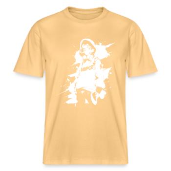 Shibuya's cool Cyberpunk Style Anime Boy Otaku -  RELAXED FIT Unisex Organic T-Shirt - Hellgelb - Vorne - Alina (178cm) & Michal (187cm)