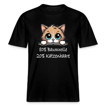 80% Baumwolle 20% Katzenhaare Hauskatze Spruch -  RELAXED FIT Unisex Organic T-Shirt - Schwarz - Vorne - Alina (178cm) & Michal (187cm)
