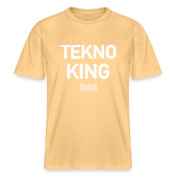 "TEKNO KING" - for real Techno & Rave fans - -  RELAXED FIT Unisex Organic T-Shirt - washed yellow - Front - Alina (178cm) & Michal (187cm)