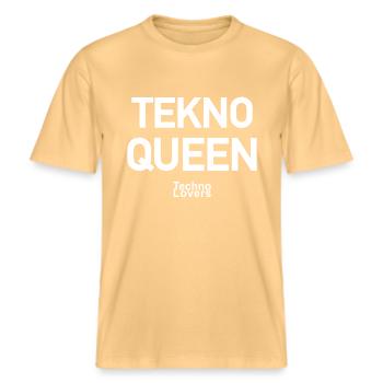 "TEKNO QUEEN" for real techno & rave fans - rave -  RELAXED FIT Unisex Organic T-Shirt - washed yellow - Front - Alina (178cm) & Michal (187cm)