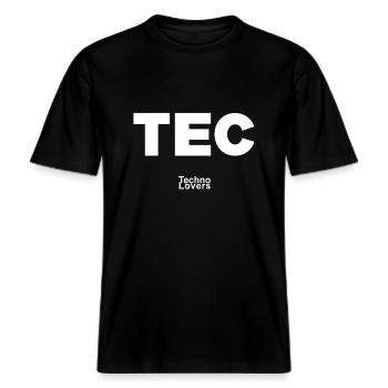 « TEC + ENT = TECHNO » raveware pour les vrais ravers -  T-shirt unisexe RELAXED FIT en coton bio - noir - Devant - Alina (178cm) & Michal (187cm)