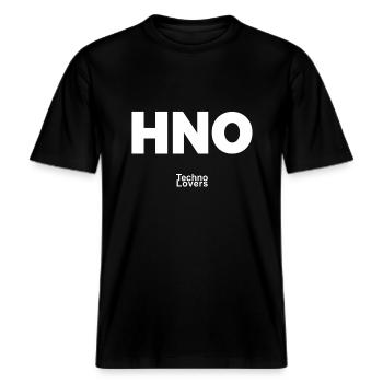 "TEC + ENT = TECHNO" raveware for real ravers -  RELAXED FIT Unisex Organic T-Shirt - black - Front - Alina (178cm) & Michal (187cm)