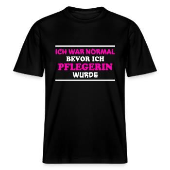 Pflegerin Spruch Pflegekraft Pflegerin Geschenk -  RELAXED FIT Unisex Organic T-Shirt - Schwarz - Vorne - Alina (178cm) & Michal (187cm)
