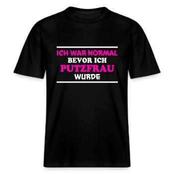 Putzfrau Spruch Reinigungskraft Putzfrau Geschenk -  RELAXED FIT Unisex Organic T-Shirt - Schwarz - Vorne - Alina (178cm) & Michal (187cm)