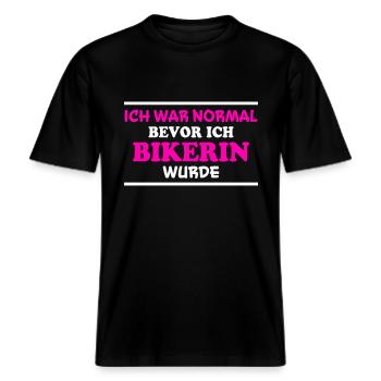 Bikerin Spruch Biker Lustiges Bikerin Geschenk -  RELAXED FIT Unisex Organic T-Shirt - Schwarz - Vorne - Alina (178cm) & Michal (187cm)