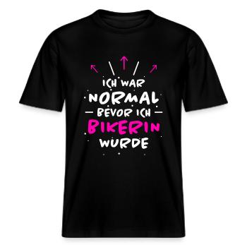Bikerin Spruch Biker Lustiges Bikerin Geschenk -  RELAXED FIT Unisex Organic T-Shirt - Schwarz - Vorne - Alina (178cm) & Michal (187cm)