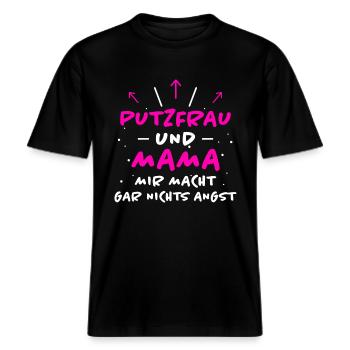 Putzfrau Spruch Reinigungskraft Putzfrau Geschenk -  RELAXED FIT Unisex Organic T-Shirt - Schwarz - Vorne - Alina (178cm) & Michal (187cm)