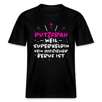 Putzfrau Spruch Reinigungskraft Putzfrau Geschenk -  RELAXED FIT Unisex Organic T-Shirt - Schwarz - Vorne - Alina (178cm) & Michal (187cm)