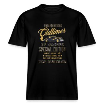 77. Geburtstag Oldtimer TOP ZUSTAND -  RELAXED FIT Unisex Organic T-Shirt - Schwarz - Vorne - Alina (178cm) & Michal (187cm)