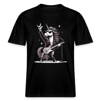 Rock, Rocker, Rock Musik, Heavy Metal, Rock Hand -  RELAXED FIT Unisex Organic T-Shirt - Schwarz - Vorne - Alina (178cm) & Michal (187cm)