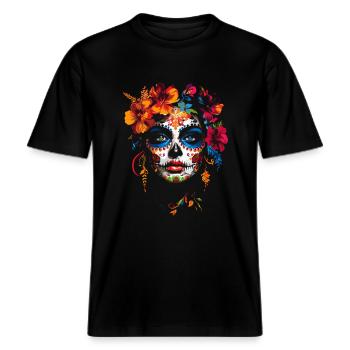 Bunte La Catrina Sugar Skull Frau mit Blumen -  RELAXED FIT Unisex Organic T-Shirt - Schwarz - Vorne - Alina (178cm) & Michal (187cm)