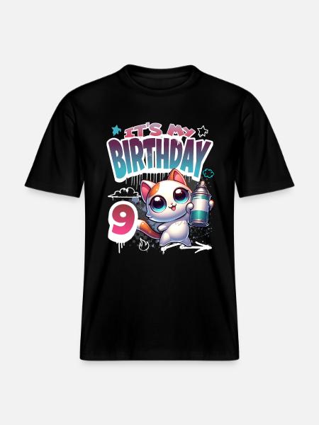 9th Birthday Cat Graffiti -  RELAXED FIT Unisex Organic T-Shirt - black